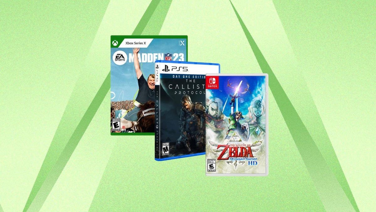 Madden 23, The Callisto Protocol and Zelda: Skyward Sword game cases against a green background.