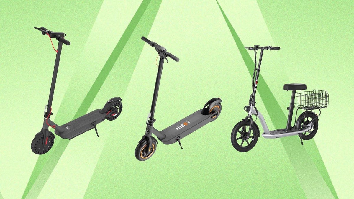 Three different Hiboy electric scooters are displayed against a green background.