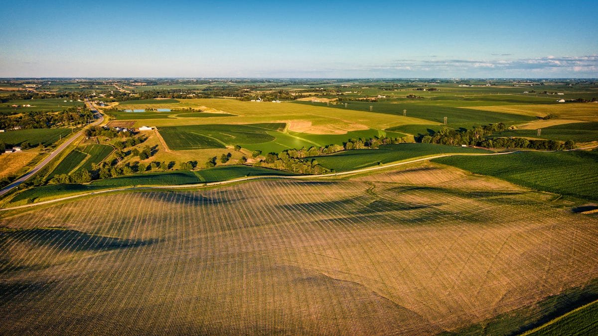 Agricultural land in Iowa from above.