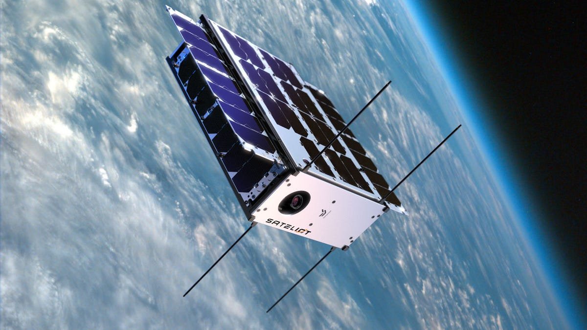 A rendering of a Sateliot communications satellite orbiting above Earth