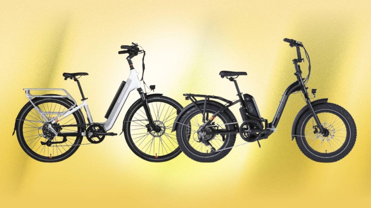 The RadExpand and RadCity 5 e-bikes from Rad Power Bikes are displayed against a yellow background.