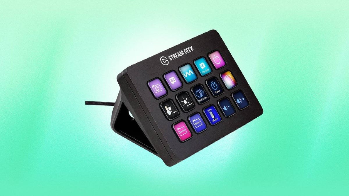 An Elgato Stream Deck against a green background.