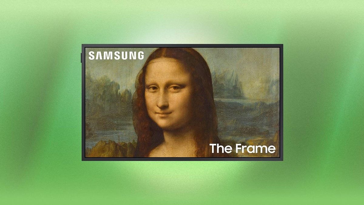 A Samsung The Frame TV with the Mona Lisa on the screen against a green background.