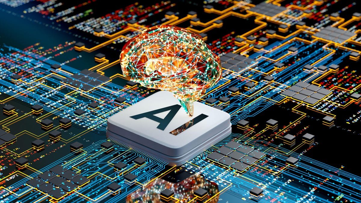 AI chip on a colorful circuit board, with the shape of a brain floating above