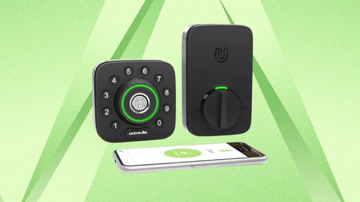 The Ultraloq U-Bolt Pro smart lock is displayed against a green background.