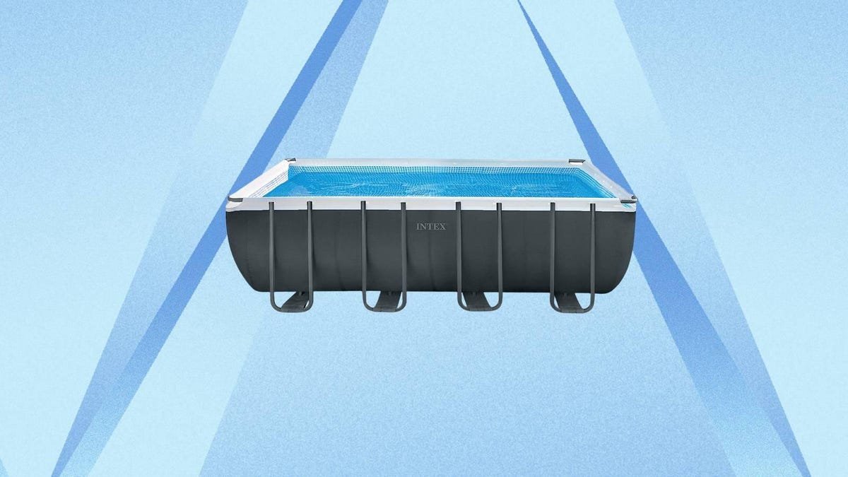 An Intex above-ground pool against a blue background.