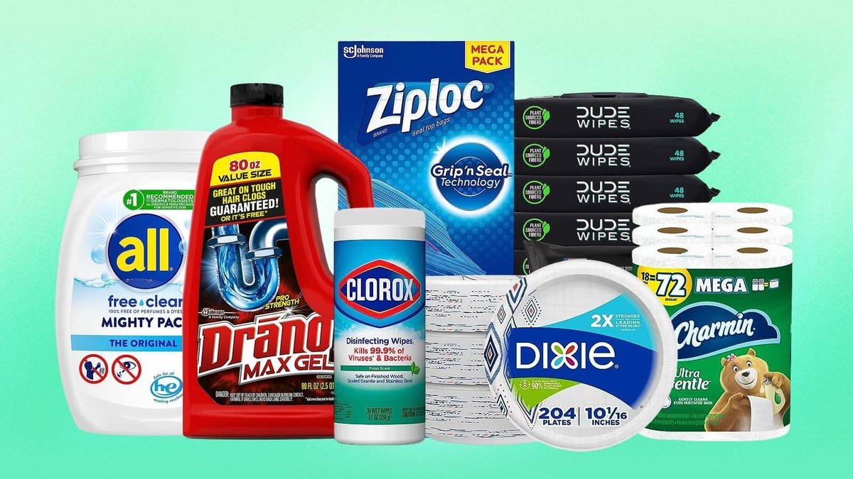 All, Drano, Clorox wipes, Ziploc, Dixie plates, Dude Wipes and Charmin are displayed against a mint background.