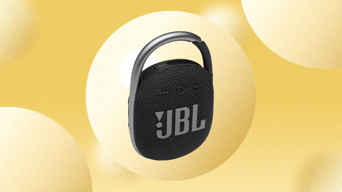 The JBL Clip 4 Bluetooth speaker is displayed against a yellow background.