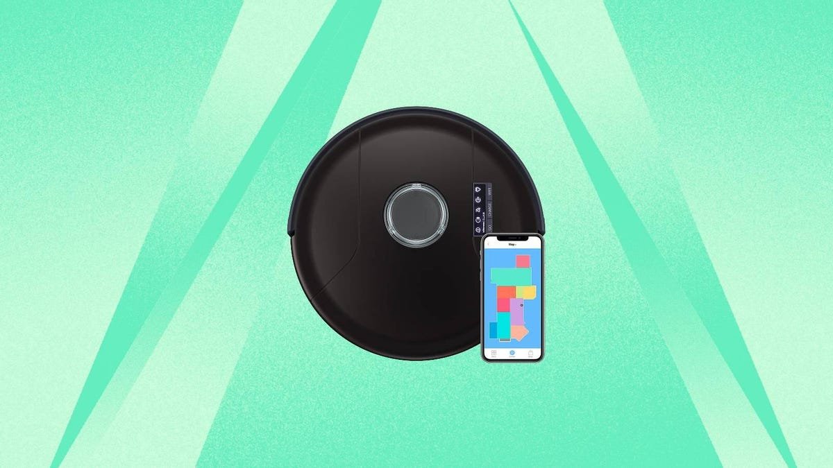 The Bobsweep PetHair Slam Wi-Fi robot vacuum cleaner is displayed against a mint background.