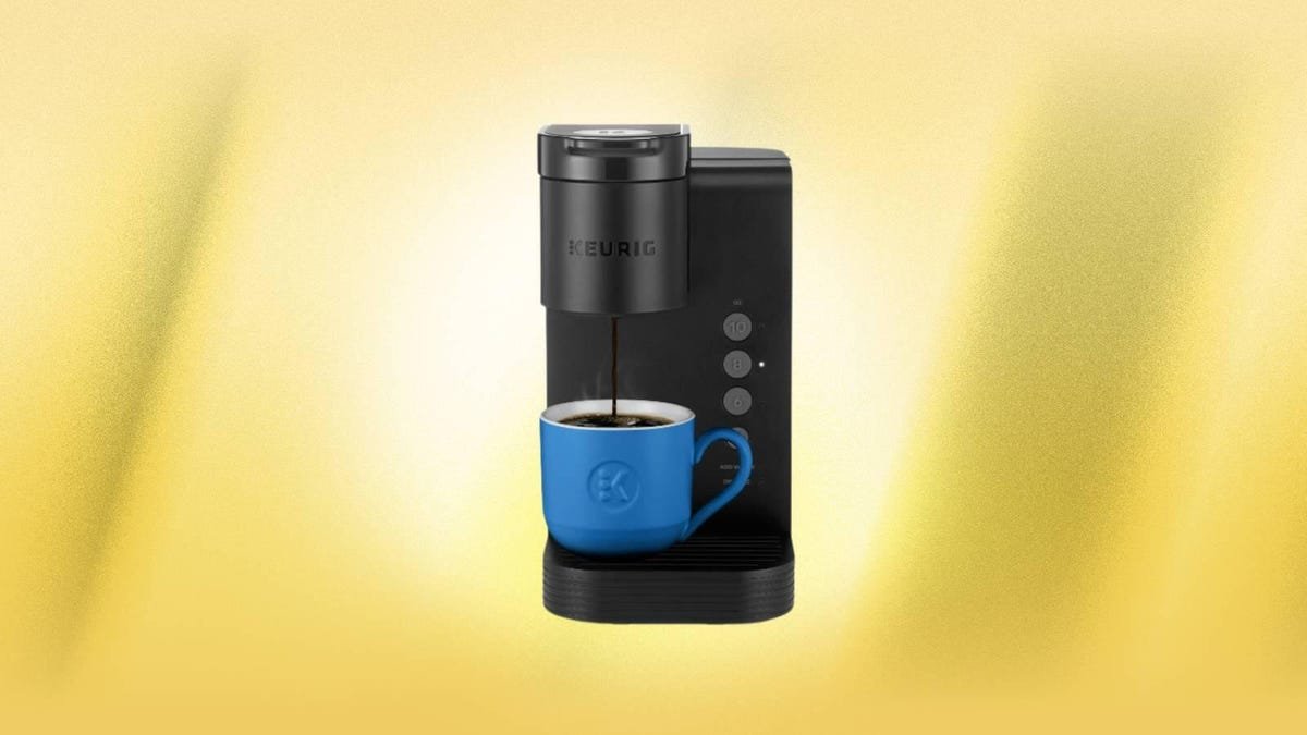 The Keurig K-Express is displayed against a yellow background.