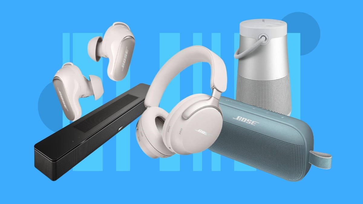 Bose QuietComfort Ultra headphones, QuietComfort Ultra earbuds, SoundLink Revolve Plus (Series II) Bluetooth speaker, SoundLink Flex Bluetooth speaker and Smart Soundbar 600 with Dolby Atmos are displayed against a blue background.