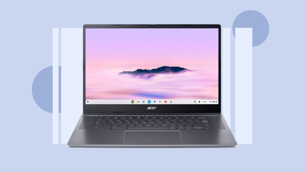 The Acer Chromebook Plus 515 HD laptop is displayed against a gray-periwinkle background.