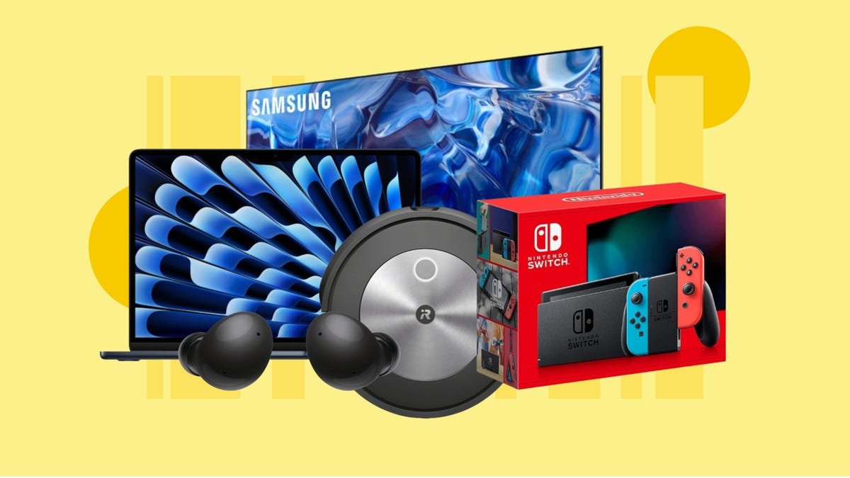 A TV, MacBook Air, pair of headphones, robot vacuum and Nintendo Switch are displayed against a yellow background.