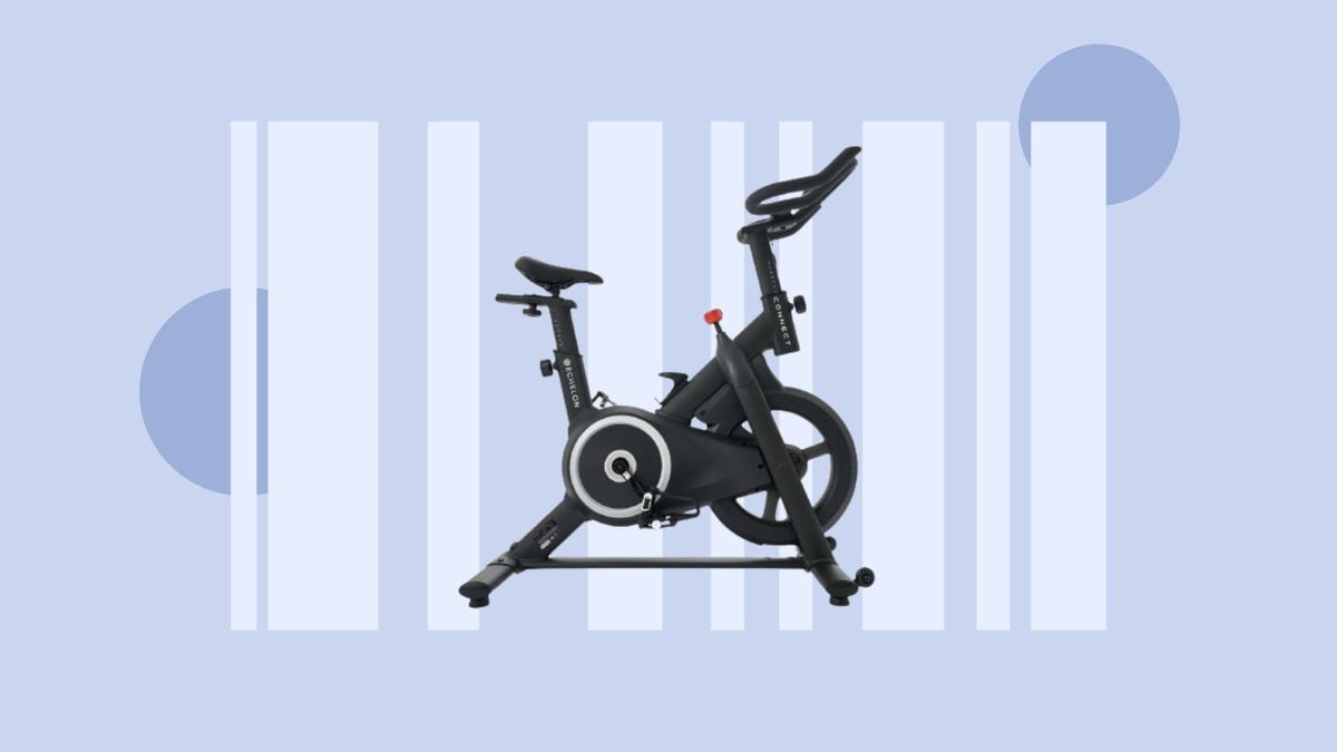 The Echelon EX-15 Smart Connect fitness bike is displayed against a gray-periwinkle background.