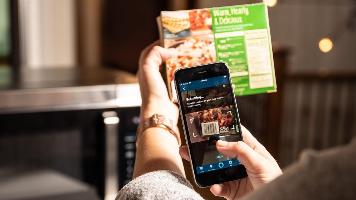 amazon smart oven meal being scanned by smart phone